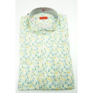 Isaia Lemon Yellow Emerald Green Floral Long Sleeve Cotton Shirt 15.5/39 NEW